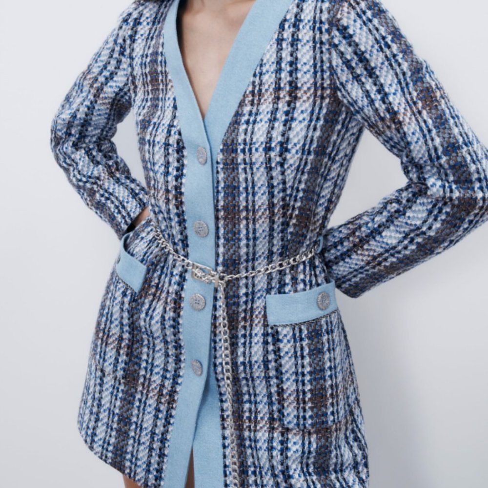 zara textured weave coat silver belt blue long sleeve mini dress size XS 8814 16 - Picture 1 of 7